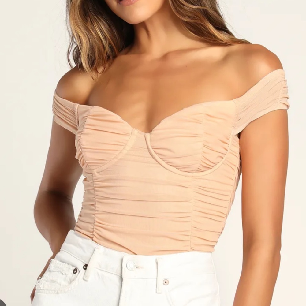 Lulus Blush Pink Ruched Mesh Off-The-Shoulder Bodysuit